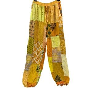 Vtg 80s Patchwork Harem Pants Yellow Rayon Boho 26x31 USA The Roots Rare